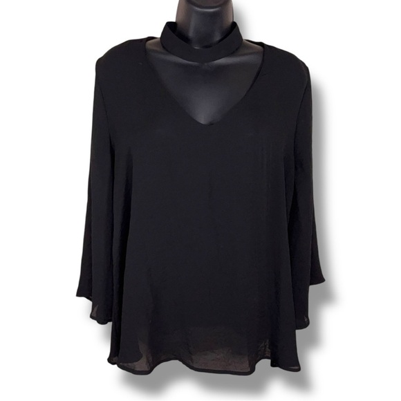 Large Ana Black Collar Style Blouse Flowy Chiffon 3/4 Sleeve Goth - Picture 1 of 14